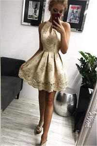 Champagne Gold Short Homecoming -jurken A Line Halter Neck Appliques Lace Short Party Dress Women Cocktail Prom avondjurken BC15374