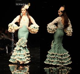 Vestidos de Fiesta Flamenca de Moda verde champán, vestido de noche de sirena con volantes y encaje de manga larga, traje de sirena de España