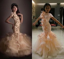 Champagne Handgemaakte 3D Floral Flower Girl -jurken Mermaid Appliques schattige zoete optochtjurk voor trouwfeest Communie verjaardagjurk
