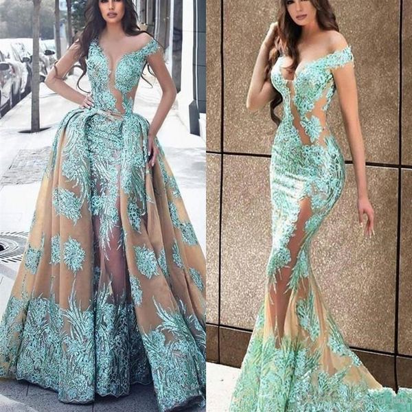 Champagne Haute Couture Overskirt Sirena Vestidos de noche con tren desmontable Ilusión Apliques de encaje Vestido largo de fiesta Robe de so251u