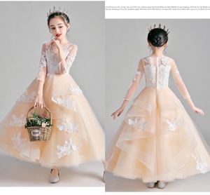 Robes de fille de fleur en dentelle ivoire champagne pour mariage avec manches longues à volants décolleté transparent fermeture éclair mini robe formelle robes de fête enfants