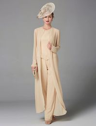 Champagne jumpsuit 3 -delige pak moeder van de bruid jurk plus size schep kralen vloer lengte chiffon trouwfeestjurken