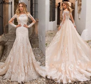 Champagne dentelle appliques robes de mariée sirène avec train détachable col bateau manches longues robes de mariée boutons dos modeste Boho robes De Novia CL1594