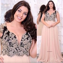 Champagne kant-appliques plus size avondjurken diep v-hals kralen een lijn prom jurken goedkope vloerlengte chiffon formele jurk 0509