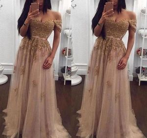 Champán encaje con cuentas de los hombros vestidos de noche árabe cariño Aline Tulle PROM Dress Vintage Party Formal Formal G1697537