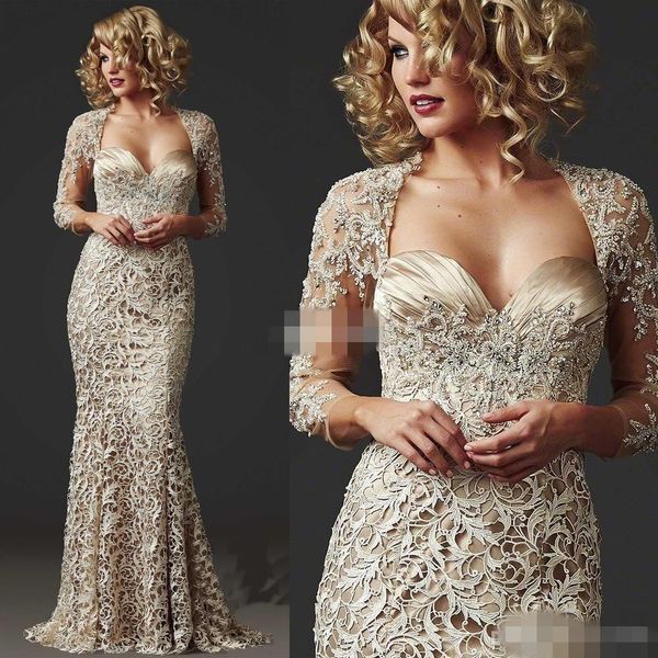 Champagne dentelle mère de robes de mariée veste manches longues perlées 2020 grande taille sur mesure sirène chérie décolleté soirée robes de soirée