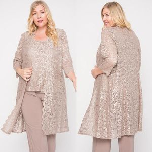 Champagne kant moeder van de bruid broek pakken ronde hals formele bruiloft gasten jurk met jassen plus size moeders bruidegom jurken