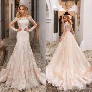 Champagne lange elegante mouwen jurken jurken kanten applique sweep trein geschud uit de schouder trouwjurk vestido de novia