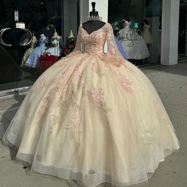 Champagne Long Flare Sleeve Robe de boule quinceanera robes chérie appliques en dentelle corset vestidos de 15 anos