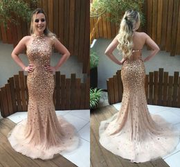 Champagne luxe kristal kralen prom avondjurken High Halter Open Back Tule Rhinestones Prowin Promin Promin Party Cocktail Dress Formeel