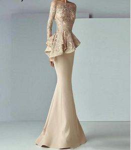 Champagne Zeemeermin Avondjurken Jurk Lange Mouwen Kant Peplum Abiye Robe De Soiree Elegante Formele Optocht Jurk4981657