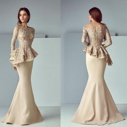 Champagne sirène robes de soirée pure cou peplum dentelle satin à manches longues Dubaï arabe formelle robe de bal mère de la mariée Dres306K