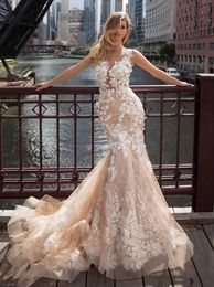 Champagne Mermaid Lace Appliques Illusion Bridal Troogs Custom Made Chic Beach Wedding Dresses Vestido de Novia