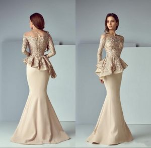 Champagne zeemeermin peplum prom jurken juweel nek illusie lange mouwen lange mouwen kanten applique rits achterste feestavond morther van bruid go2160