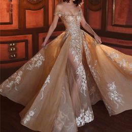 Champagne Mermaid Prom Dress Off The Shoulder V-hals Applicaties Kralen Organza Illusion Korte Mouwen Afneembare Tail Formele Partyjurken