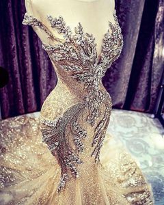 Champagne sirène robes de mariée robes de mariée perles de cristal de luxe paillettes dentelle balayage train image réelle pure manches cape robe de 276f