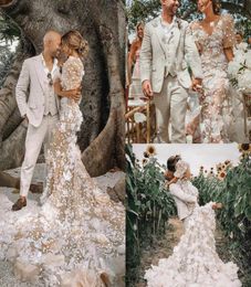 Champagne sirène robes de mariée dentelle 3D Floral appliqué dos creux demi manches longues robe Boho plage grande taille robes de mariée C2368346