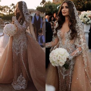 Champagne robes de mariée sirène overskirt illusion v cou manches longues robe de mariée cristal balayage