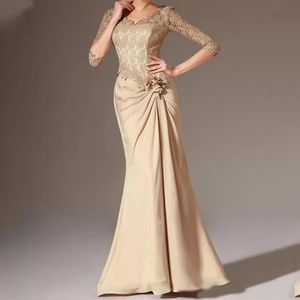 Champagne modeste mère de la mariée robes longue sirène Style dentelle mousseline de soie col en v 3/4 manches longues mère occasion robe