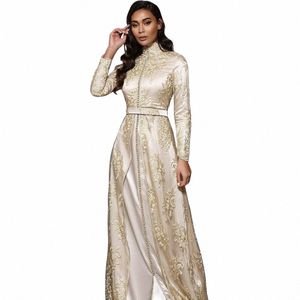 Champagne Marocain Caftan Robes De Soirée 2024 A-ligne Lg Manches Dentelle Spécial Ocn Dres Dubaï Formelle Bal Dr Plus Taille y37e #