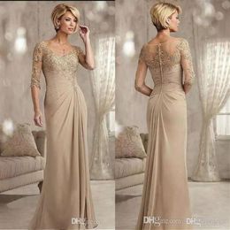 Champagne M￨re de la mari￩e Robes Long 2019 Scoop Neck Marifon Mariage Invit￩s Robes de Mother Half Mancheves Formel Evening223a