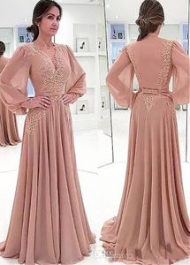 Champagne moeder van de bruid jurken met lange mouw v nek illusie lijfje chiffon appliques sash dames avond feestjurken plus maat