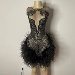 Strass anniversaire robe de soirée filles noires robes de cocktail tenue pure argent diamant noir plume femmes robes de bal courtes
