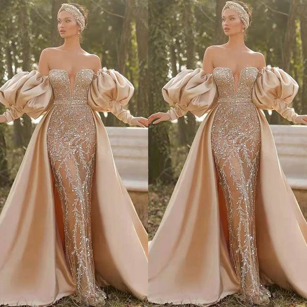 Robe de soirée de forme sirène, Champagne, perlée, luxueuse, scintillante, manches lanternes, pour femmes, robe de bal formelle