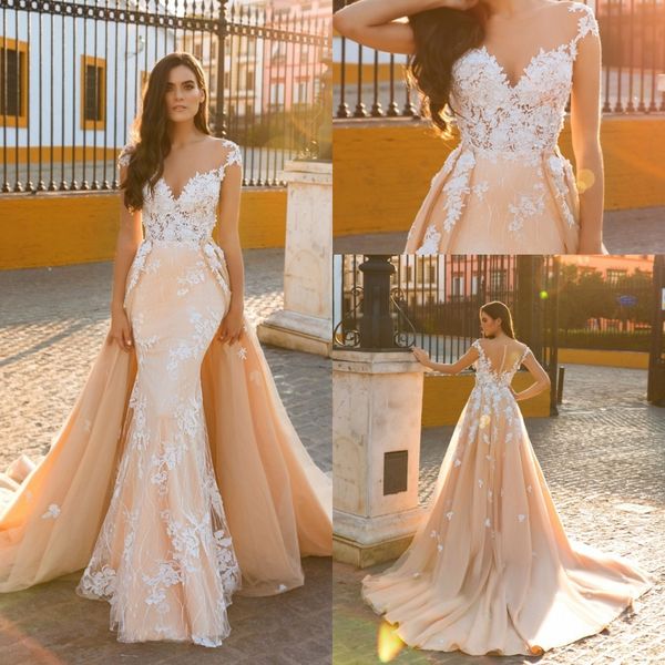 Champagne Recién llegado Sirena Vestidos de novia Apliques de encaje Cuello transparente Apliques de encaje Vestidos de novia sin espalda Vestidos de novia Ilusión Volver