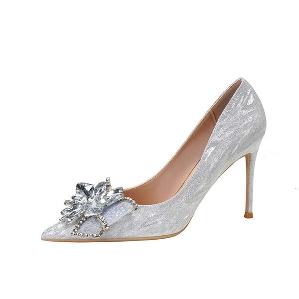 Champagne nouvelles chaussures de mariage pour femmes de mariée talon mince pointu français cendrillon cristal demoiselle d'honneur talons hauts 020