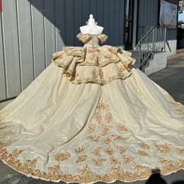 Champagne épaules dénudées Appliques dentelle Corset 3D fleurs perles volants robe de bal robes de Quinceanera robes Para 15 XV Anos