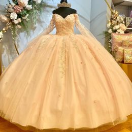 Champagne Hors Épaule Robe De Quinceanera Robe De Bal Robe Appliques Dentelle Chérie Doux Tull 16 Robes De Fiesta