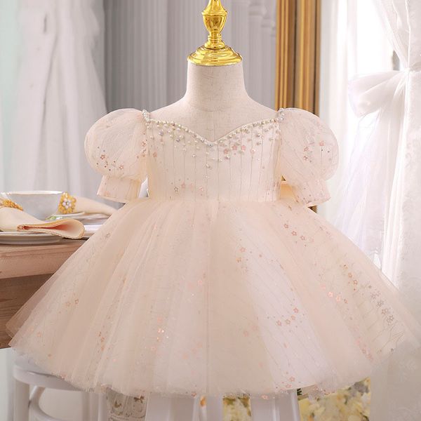 Champagne Pearls Flower Girls Robes pour mariage Princesse Nouveau bébé Cap Sleeves Baby Girl Birthday Party Christmas Communon Robes Children Girl Party Robes