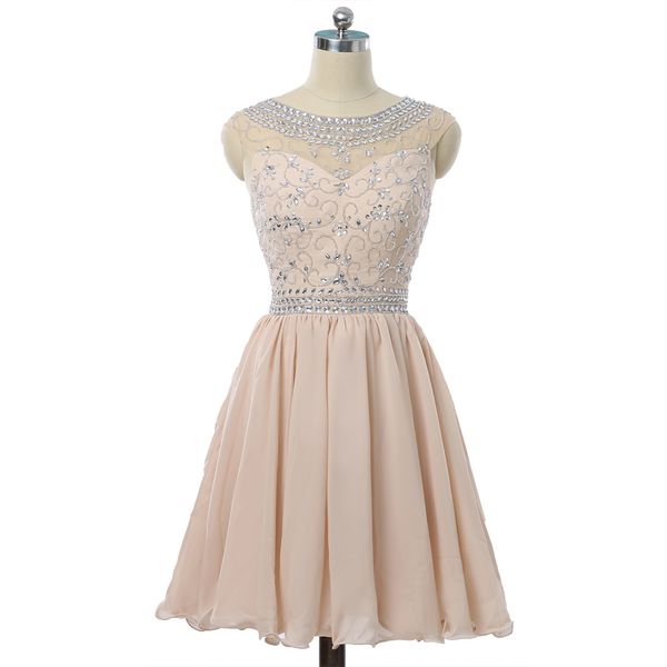 Vestidos de fiesta de talla grande color champán, corte en A, manga corta, Mini cristales, vestidos de fiesta de cóctel moldeados de Organza elegantes DH378