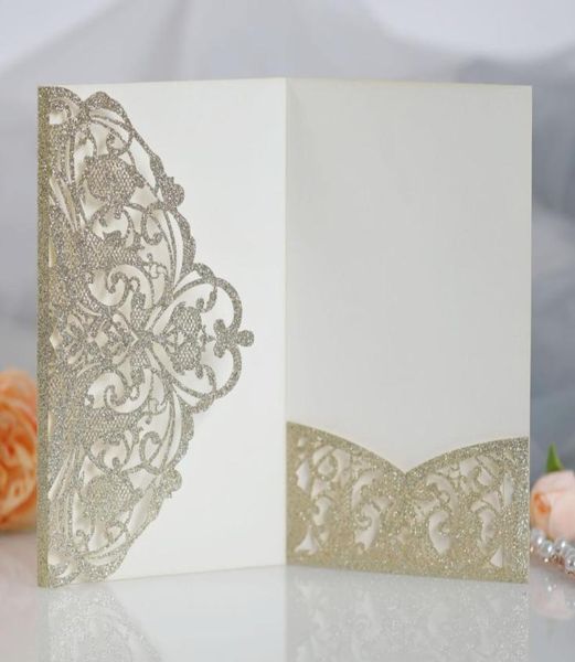 Champagne Invitation de mariage imprimable Laser coupé rose trifold poche paillette papier quinceanera invite avec envelope5562988