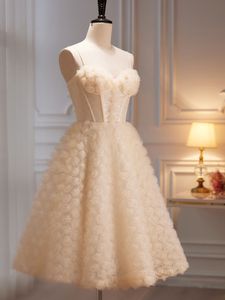 Champagne prom jurken 2023 Echte foto's feestjurken knie lengte avondjurken handgemaakte bloemen