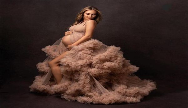 Robes de bal Champagne femmes enceintes 039s longue robe de maternité volants sans manches Robes de soirée Poshooting Robes8781591