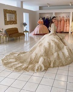 Champagne Quinceanera -jurken lovertjes kanten appliques sexy kristal kralen pailletten gelaagde kapel trein bal jurk feest prom avondjurken lange mouwen lange mouwen