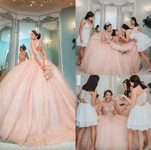 Champagne Rose Gold Quinceanera Jurken 2024 Sparkly Kant Kralen Pailletten Lace-up Corset Terug Vestidos De Gelegenheid Prom Gown