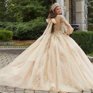 Champagne Scoop Appliques Robe De Bal Quinceanera Robes Applique Dentelle Tulle À Lacets Doux 16 Robe Débutante Robe De Soirée De Bal