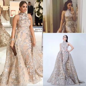 Champagne à paillettes Applique Sirène Overskirts Robes de soirée 2023 Yousf Aljasmi Dubai Arabe High Neck Plus taille de Prom Party Robe