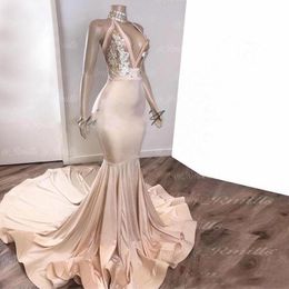 Champagne Sexy Cheap de Mermaid Prom Deep V Tircle Apliques Vestidos de fiesta Sween Train Vestidos Formal Vestidos de la noche Ogstuff