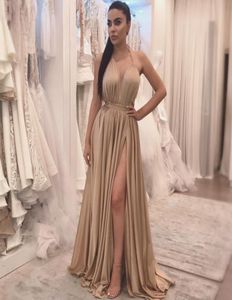 Champagne Sexy Side Split Robes de bal Simple Halter Floor Longueur Elegant Evening Formeal Robes 2020 African Prom Party Gowns1031587