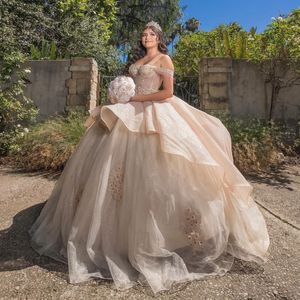 Champagne glanzende quinceanera -jurken 2024 kanten applique lieverd tule ball jurk verjaardagsfeestje zoet 16 Vestidos de 15 anos