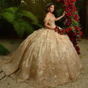 Champagne brillant Quinceanera robes cristal paillettes robe de bal hors de l'épaule 3D fleurs Corset robes 15 Para XV Anos