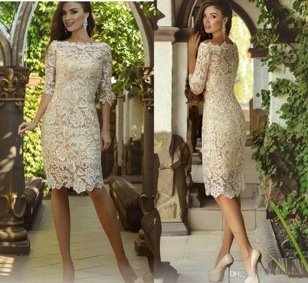 Vestidos de madre de la novia de encaje corto champán 2019 Nuevo hasta la rodilla Media manga Vestidos de fiesta de boda Mujer Fiesta formal Go9960764