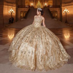 Robe De Quinceanera Champagne à bretelles Spaghetti, robe De bal avec des Appliques De perles et paillettes, en tulle, douce 16 ans, 2024