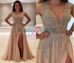 Champagne Sparkly perle fendre Sispory Evenant Pageant Party Dobs 2019 Vneck Vneck Elegant Full Longueur Women039s Prom Gow8764850