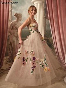 Champagne strapless mouwloze A-lijn trouwjurken kleurrijke 3D bloemen kanten bruidsjurken gewaad de mariiee