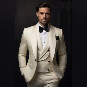 Costumes Champagne pour hommes Blazer mariage ensemble complet simple boutonnage châle revers plat maigre 3 pièces veste pantalon gilet mince vêtements 240122